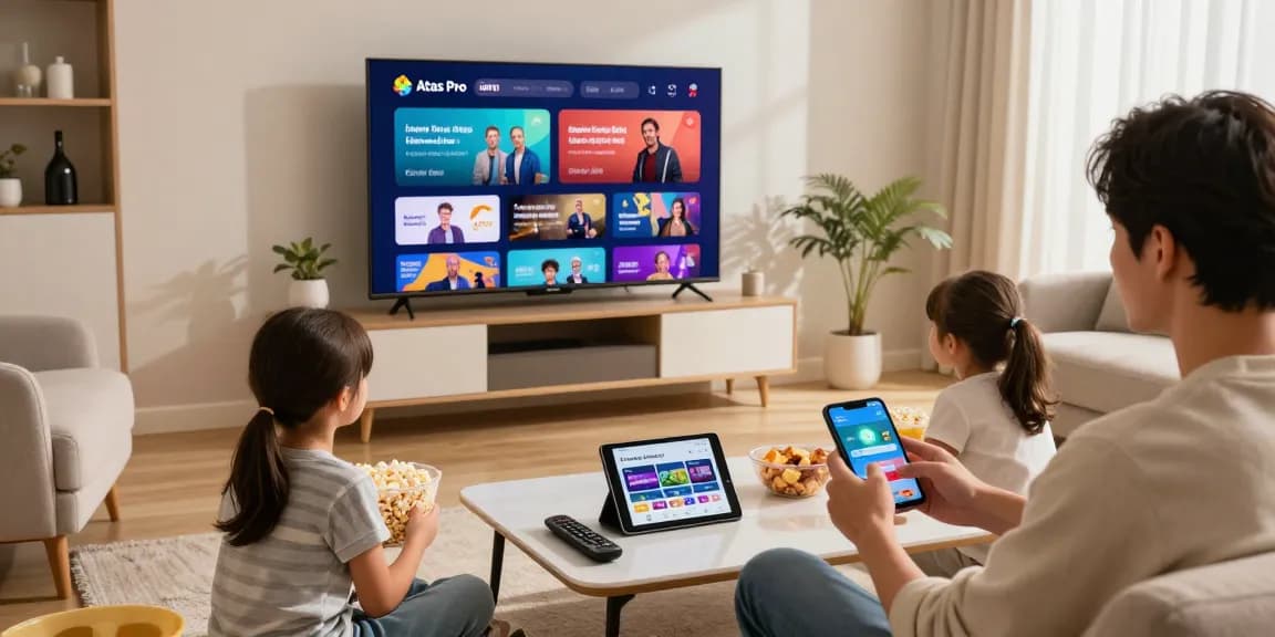 Famille profitant d'Atlas pro ontv à la maison avec une ambiance chaleureuse et moderne.