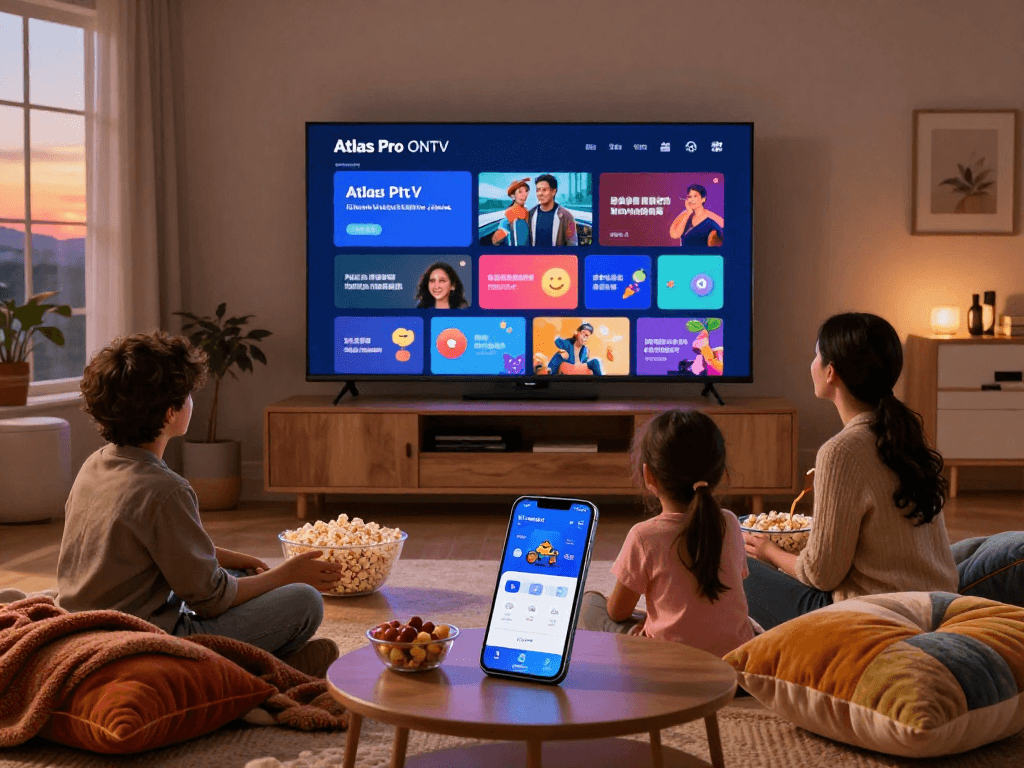 Famille utilisant l'application atlas pro pour un film en soirée confortablement installée dans leur salon.
