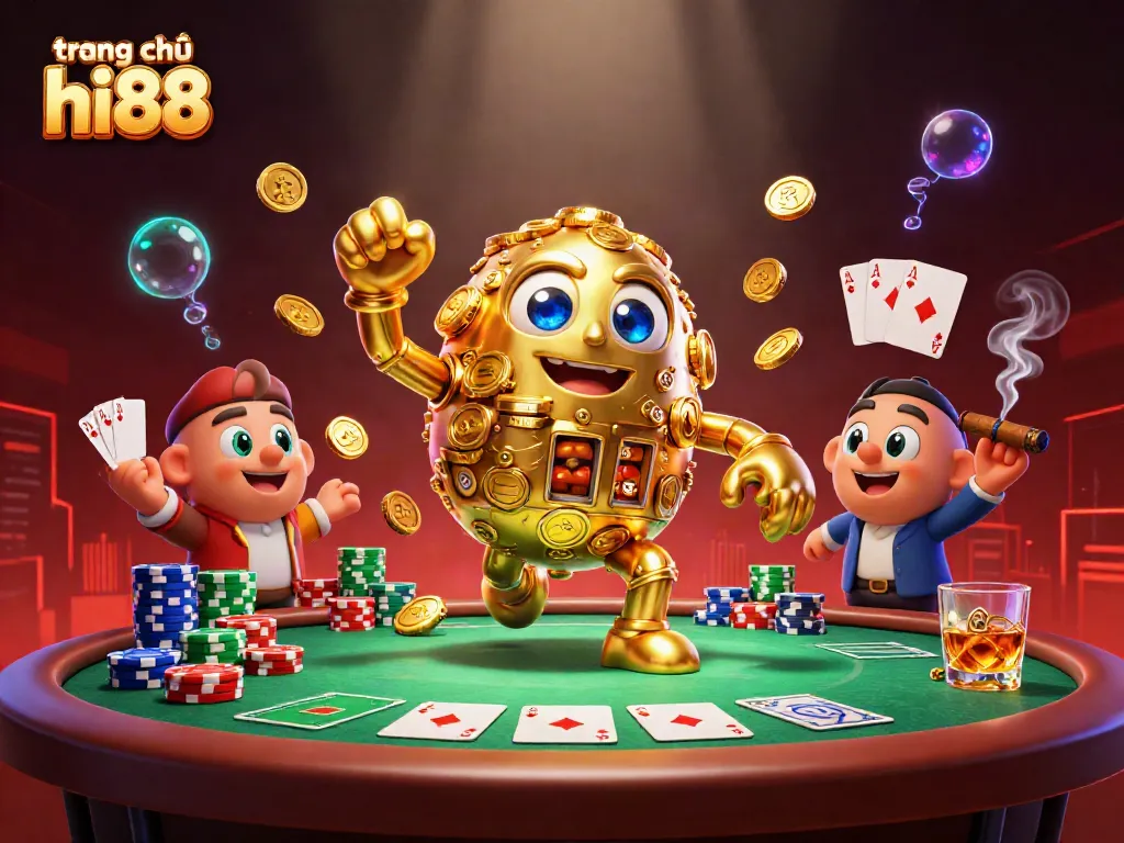 Engage with the vibrant trang chủ hi88 showcasing an animated golden golem surrounded by poker and casino items.