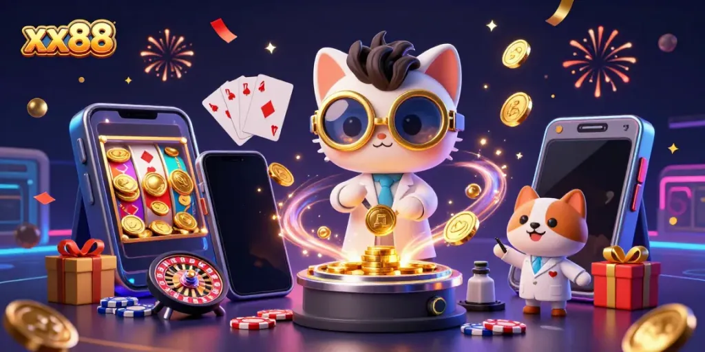 Engage with the vibrant world of xx88 casino as a mad scientist cat creates a gold-coin machine.
