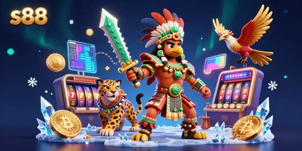 Engage with the vibrant s88 casino scene featuring Aztec warriors and gold coins in a dynamic 3D illustration.