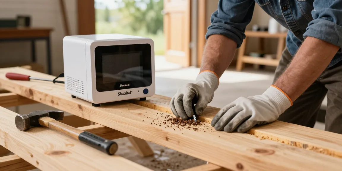 Traitement de bois Shashel® en action, propriétaire éliminant des insectes xylophages avec un dispositif écologique dans son garage.
