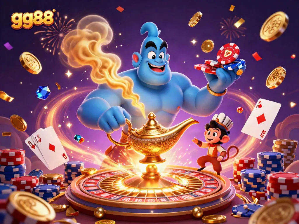Experience thrilling action at gg88 with our vibrant casino scene featuring a genie and poker elements.