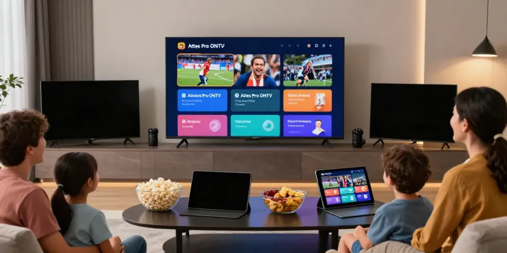 Famille profitant de l'application atlas pro ONTV dans un salon moderne.