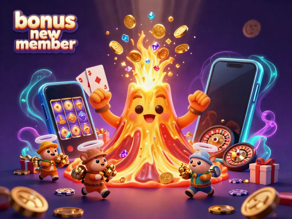 Experience the thrill of the bonus new member promotion with a vibrant 3D casino scene featuring golden treasures.