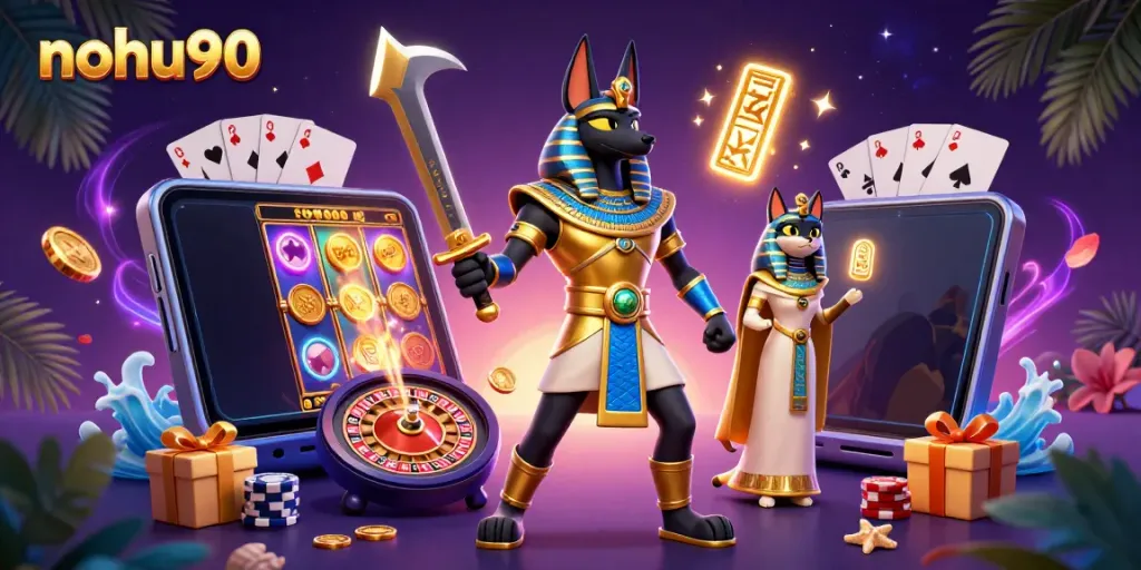 Experience exciting gameplay with nohu90 at a vibrant casino illustrated scene featuring Anubis and Bastet.