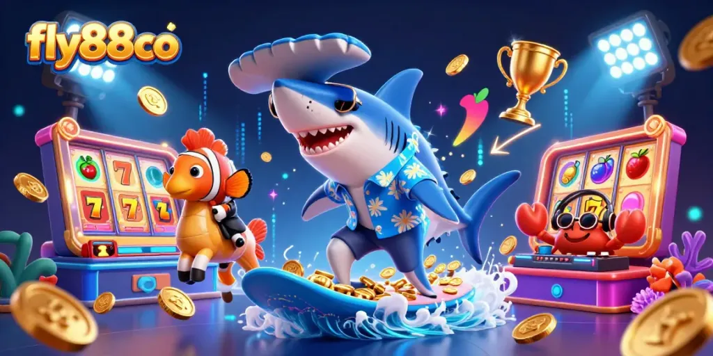 Experience the vibrant excitement at fly88co with a cartoon shark surfing on gold coins amidst casino symbols.