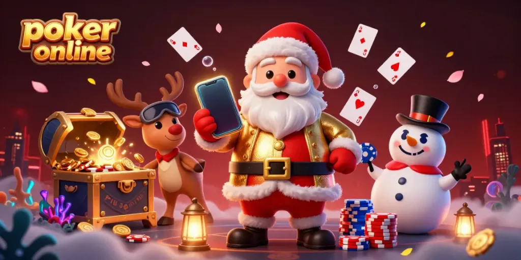 Engage in poker online with our playful Santa and his festive friends in a vibrant casino world.