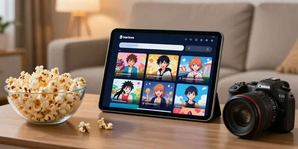 Application Senpai Stream affichant des anime sur une tablette dans un salon confortable