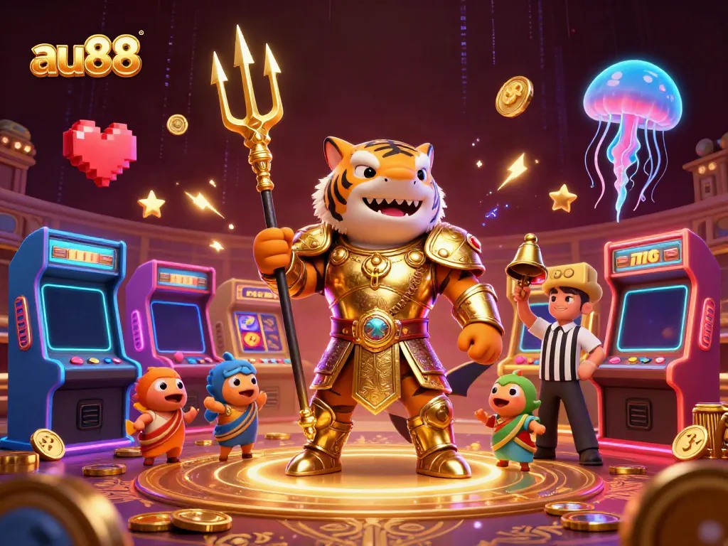 Engage with exciting slots and jackpots at au88, featuring vibrant 3D graphics and animated casino elements.