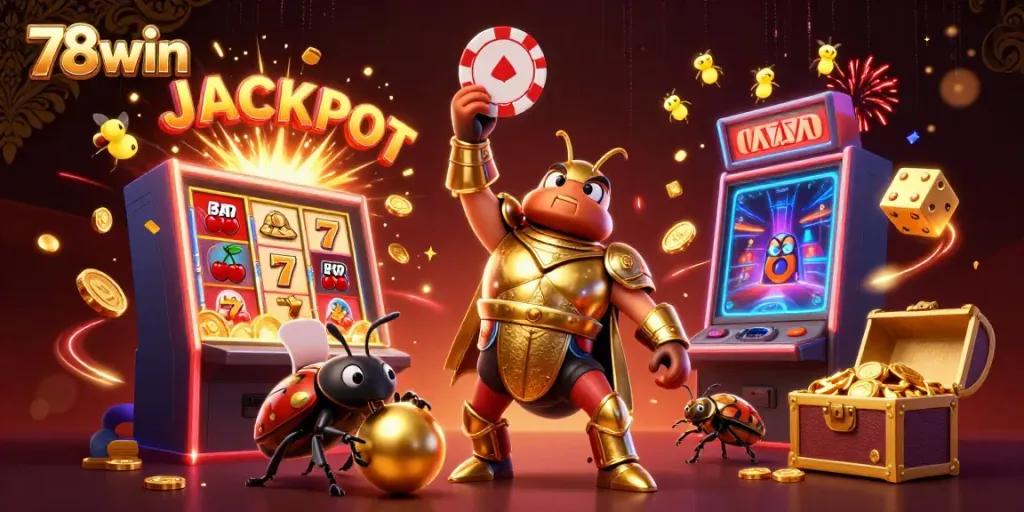 Experience the thrill of 78win as a victorious beetle lifts a poker chip amidst a bounty of coins, celebrating a casino jackpot.