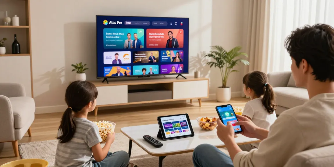 Famille profitant d'Atlas pro ontv à la maison avec une ambiance chaleureuse et moderne.