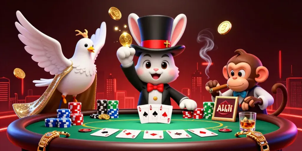 Experience the magic of xx88 as a cartoon magician rabbit reveals golden coins while a dove and monkey bring charisma to the casino scene.
