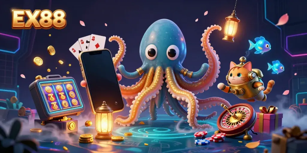 Experience the thrill of gambling with EX88, showcasing a kraken and diving cat amid vibrant slot game visuals.