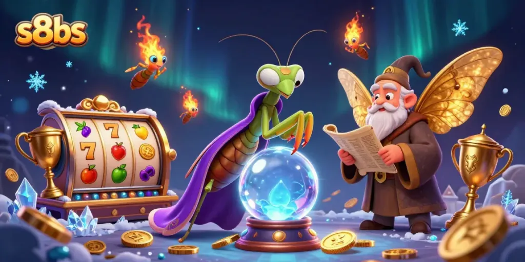Engage in thrilling slots action with dynamic gaming elements surrounding s8bs logo.
