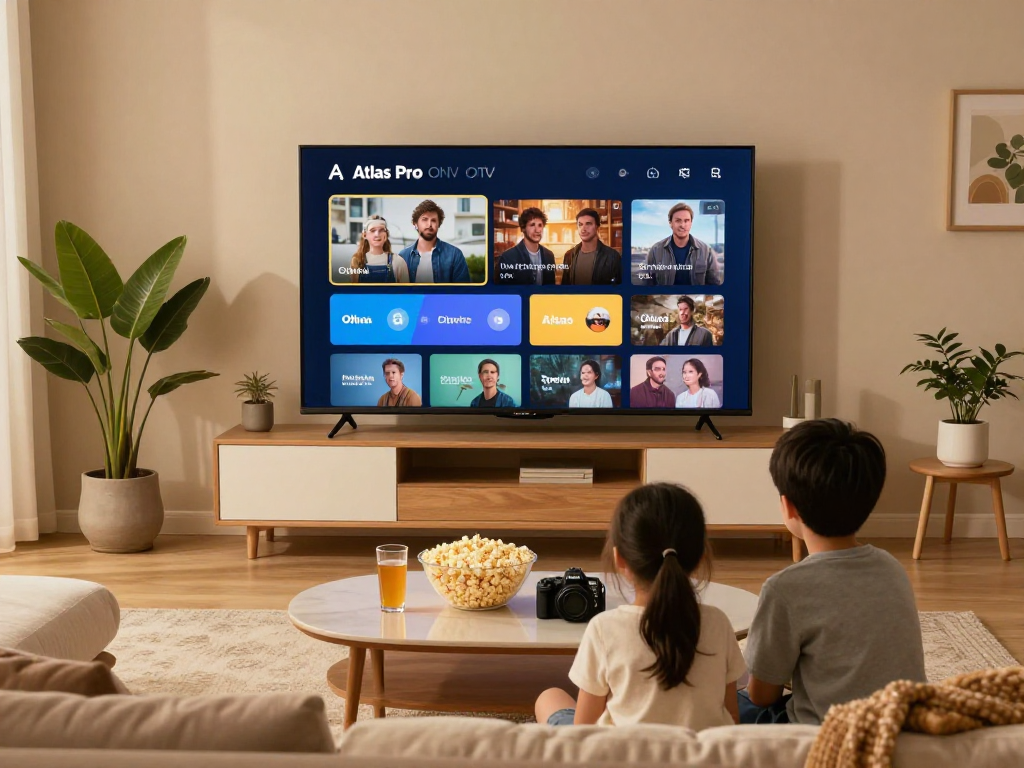 Famille regardant Atlas Pro ONTV sur un grand écran à la maison avec ambiance chaleureuse et confortable.
