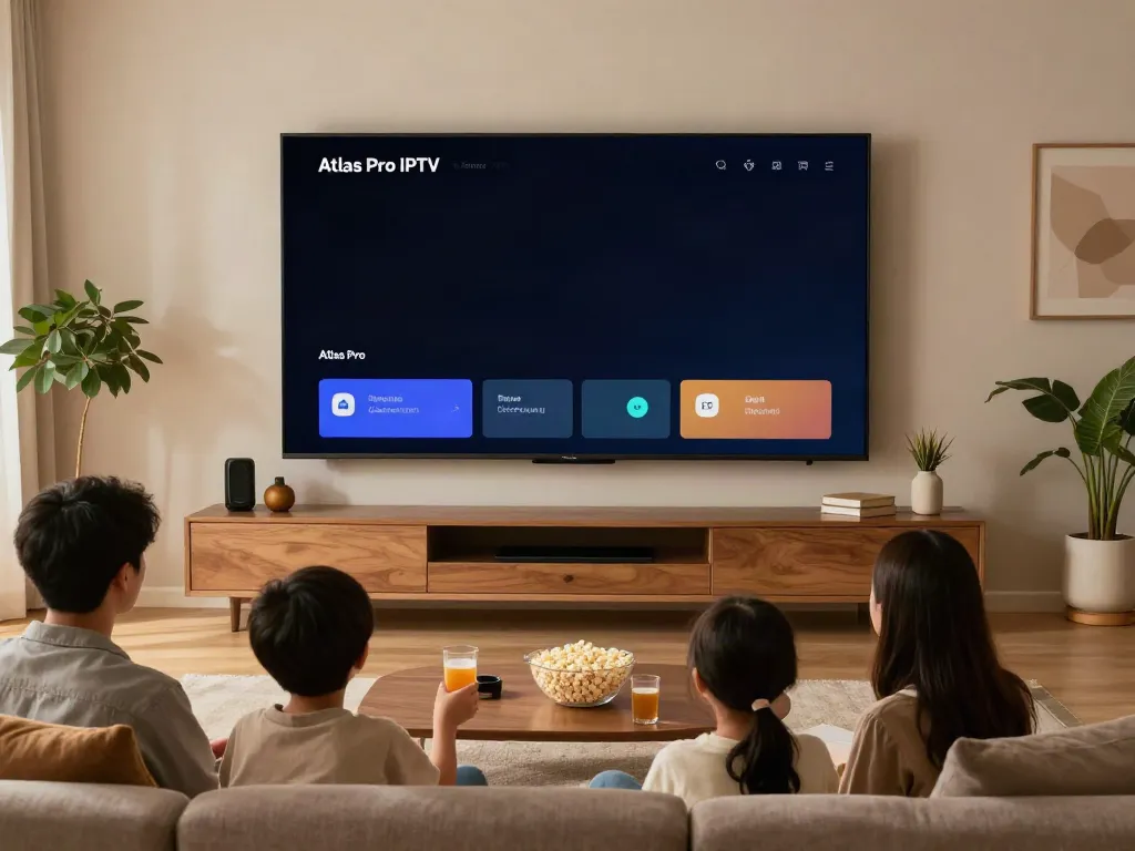 Famille utilisant l'application atlas pro iptv dans leur salon moderne et confortable.