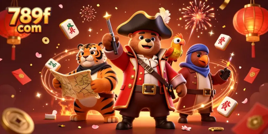 Engage in thrilling adventures with 789f com's 3D casino-themed characters celebrating amidst vibrant festive elements.