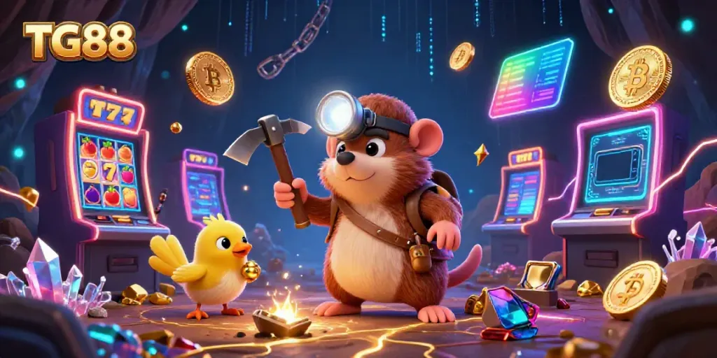 Engage with thrilling gaming at TG88 with a treasure hunter in a vibrant casino scene.