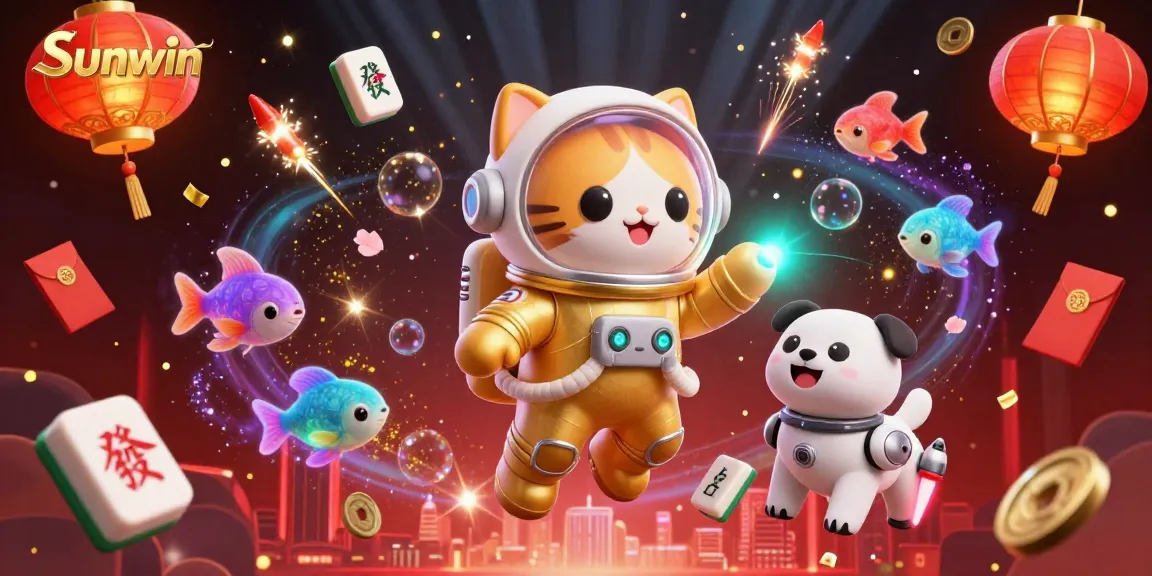 Experience thrilling gaming action with Sunwin's vibrant 3D space illustration filled with symbols of fortune.