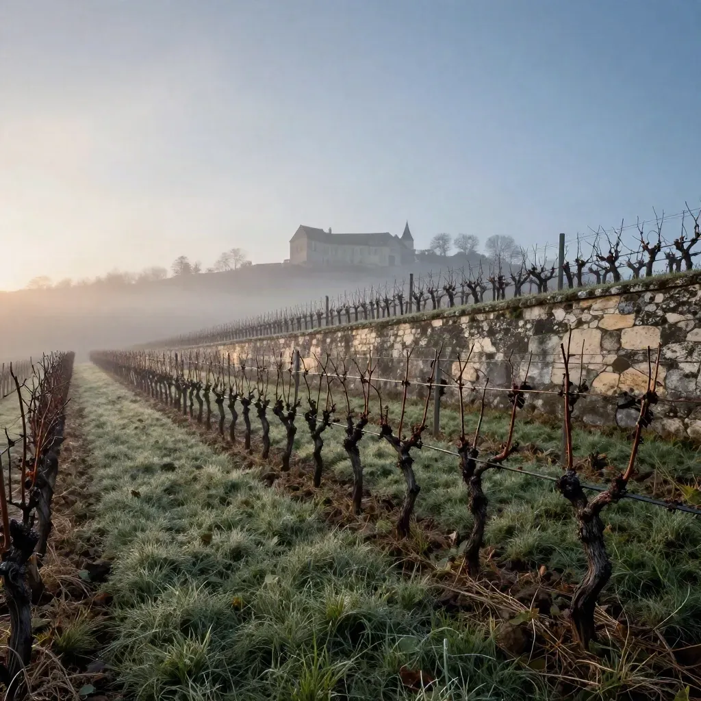 Vignoble bordelais en terrasses à l’aube, rangs taillés, rosée et brume légère.