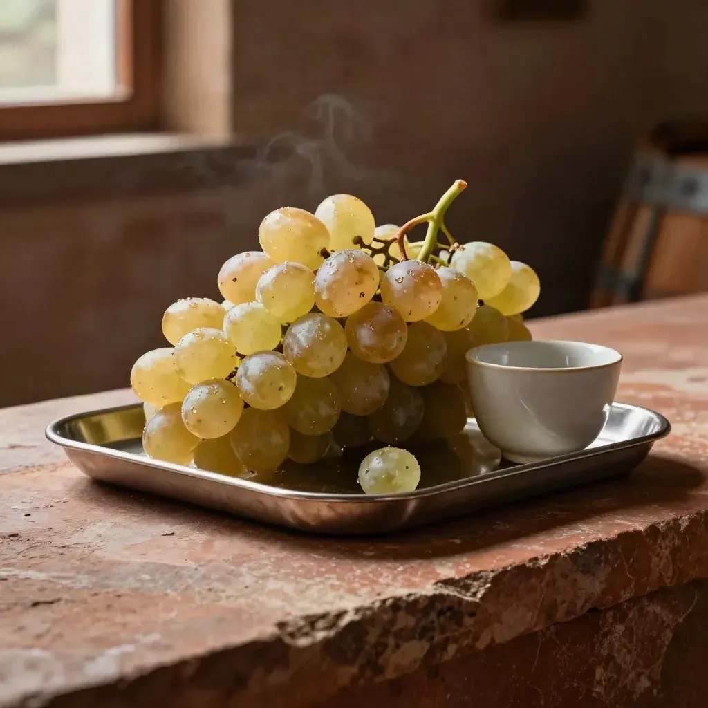 Grappes mûres et baies éclatées dans un plateau inox, avec une petite coupe de dégustation.