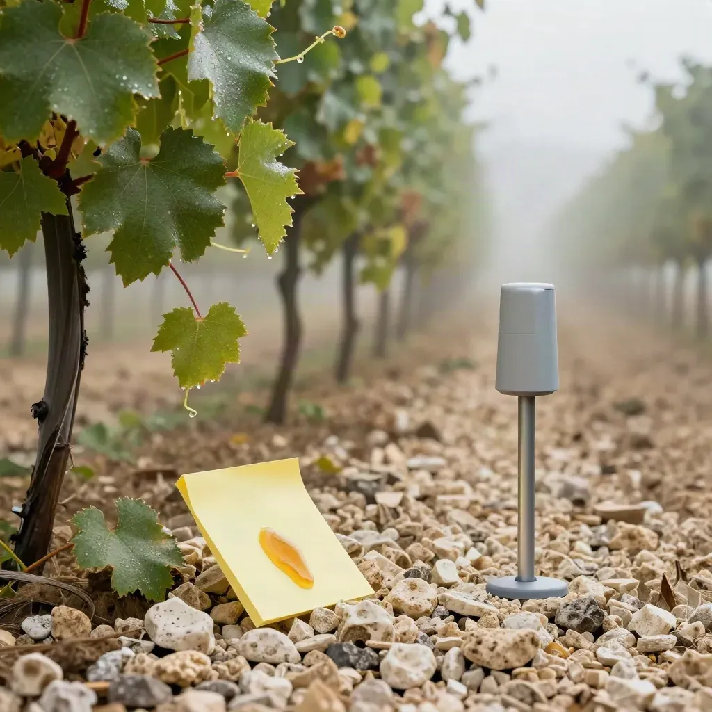 Piège jaune et station météo dans une rangée de vigne humide, avec feuilles nettes et brume douce.