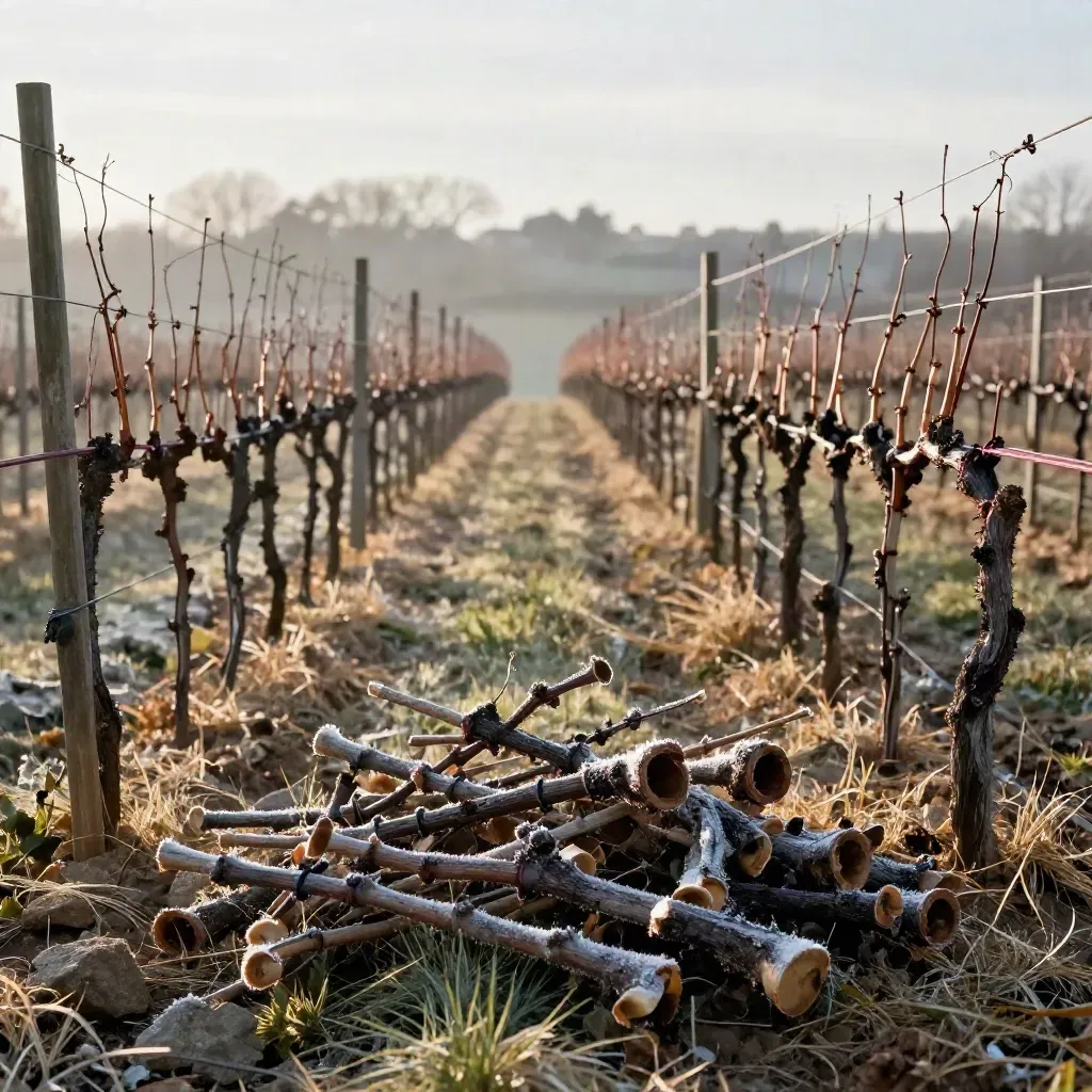 Rangs de vigne en hiver avec coupes de taille nettes et tas de sarments au sol.