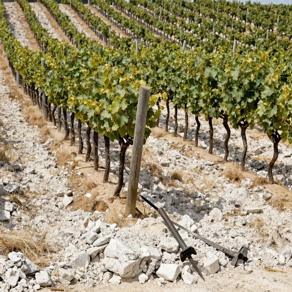 Parcelle de vigne sur sol crayeux avec cannes taillées et tarière au bord du rang.