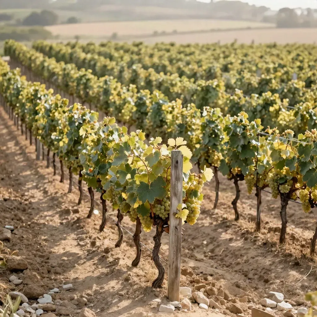 Rangs de vigne équilibrés sur une parcelle ouverte, lumière dorée et chaleur d’après-midi.