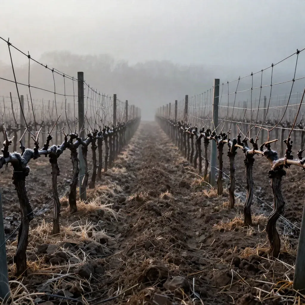 Rangées de vignes taillées en hiver sous une brume froide, vues en contre-plongée.