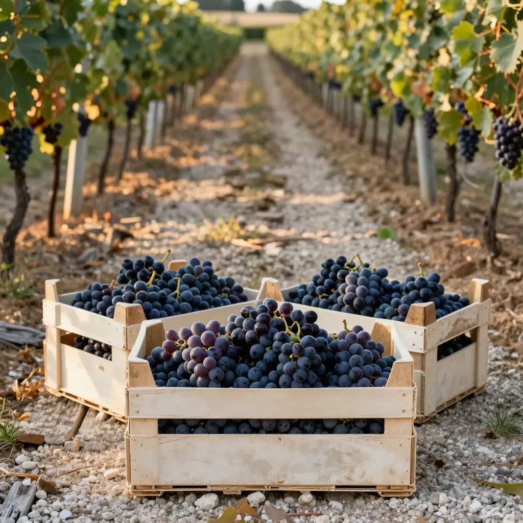 Caisses de vendange crème et rangs de vigne réguliers dans une parcelle ensoleillée.