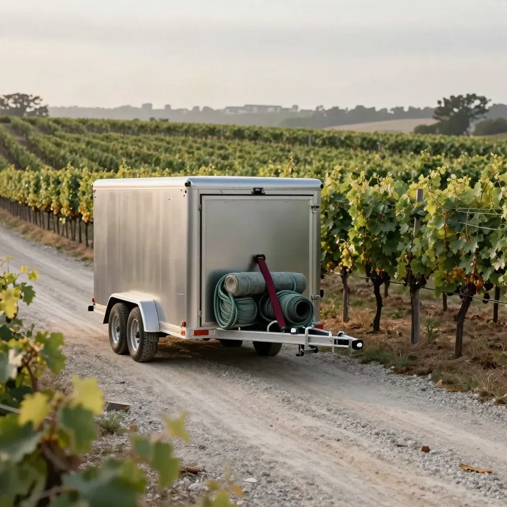 Parcelles de vigne alignées avec une remorque de service, sous un ciel couvert et une brume légère.
