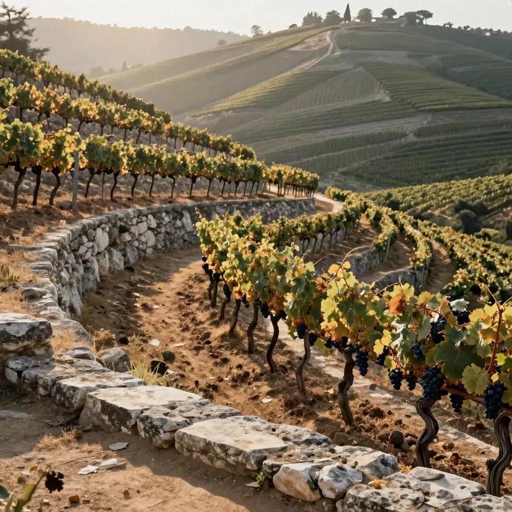 Rangées de vigne en terrasse sur une colline, grappes mûres et brume solaire.