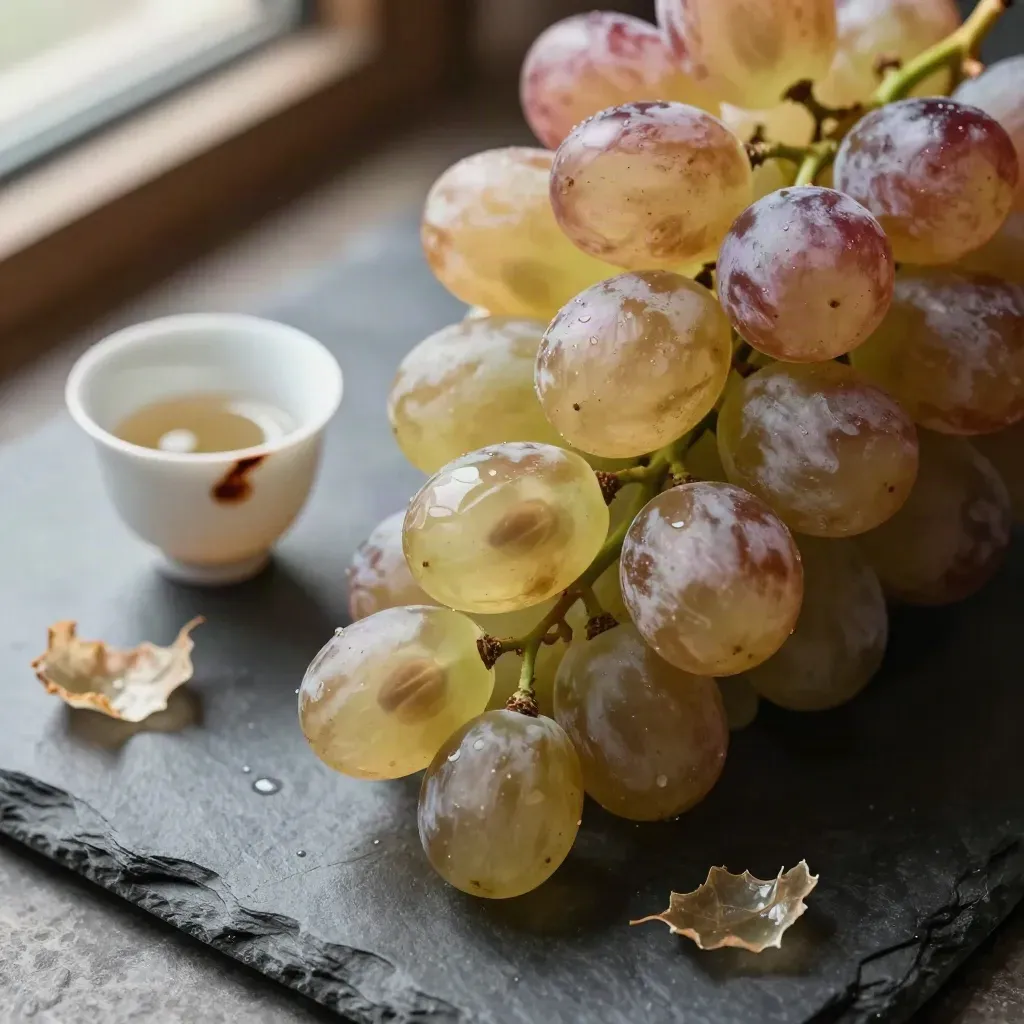 Baies de raisin mûres éclatées et tasse de dégustation en porcelaine tachée, vue plongeante.