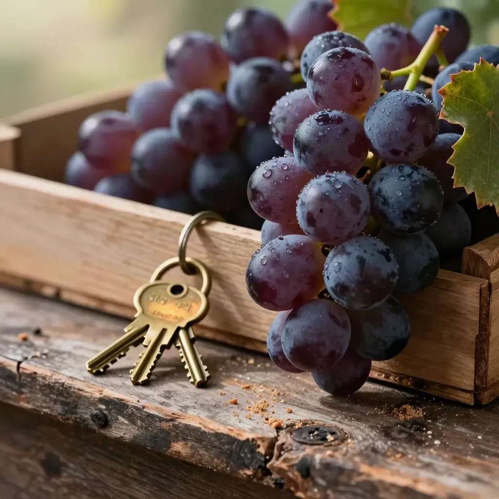 Grappes de cabernet dans une caisse en cèdre, anneau de clés en laiton et feuilles de vigne coupées.