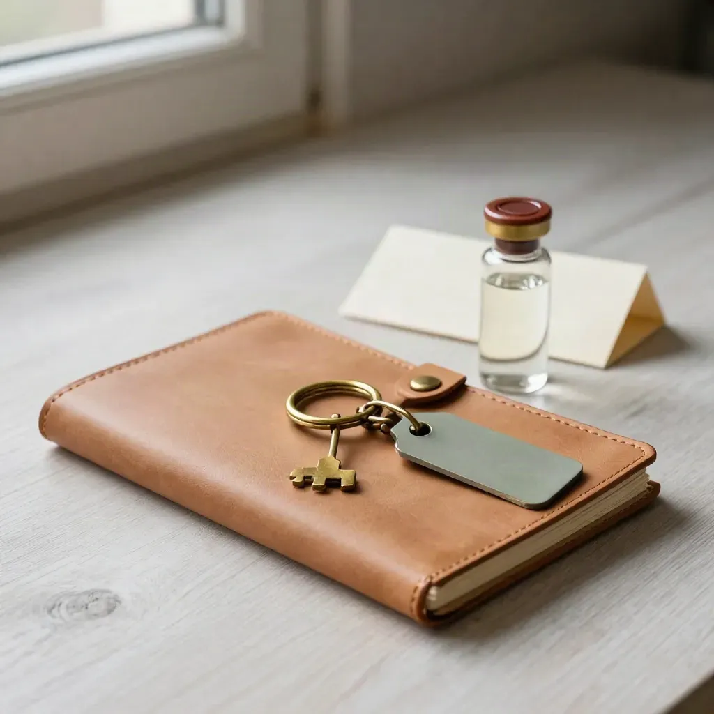 Carnet en cuir, trousseau viticole en laiton et fiole scellée sur bois clair.