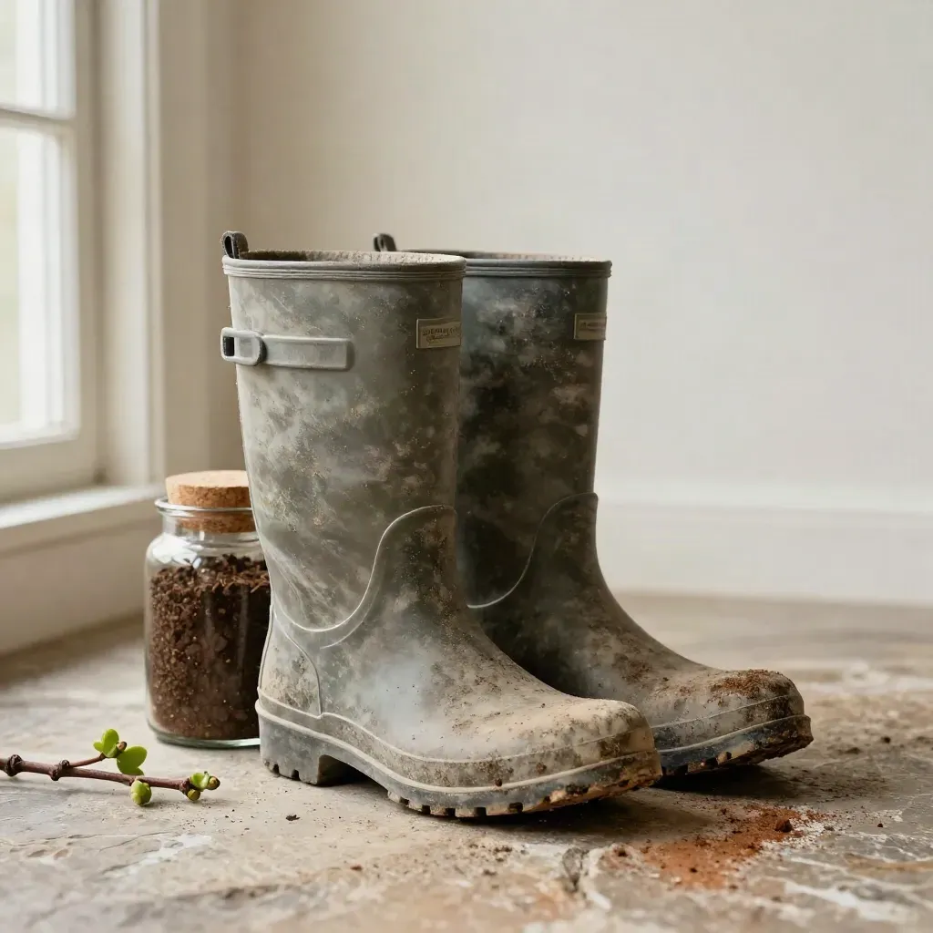 Bottes boueuses, bocal de sol et sarment de vigne sur un sol en pierre.