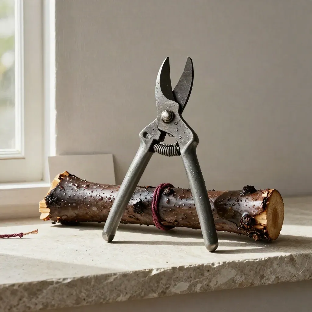 Sécateur patiné, ficelle et bois de vigne humide sur étagère de pierre.