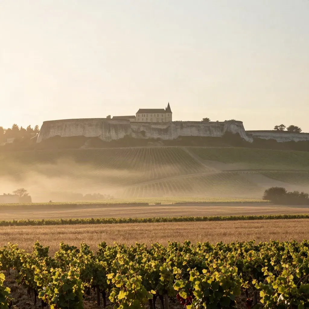Paysage viticole brumeux de Bordeaux et Saint-Émilion, ridge calcaire et château lointain.