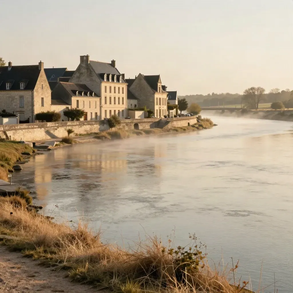 Vue dorée de Cognac au bord de la Charente, avec pierre claire, brume et rivière calme.