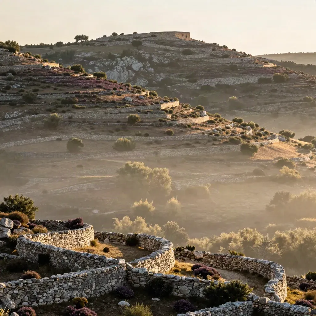 Terrasses viticoles du Languedoc sous la chaleur, brume dorée et crête lointaine.