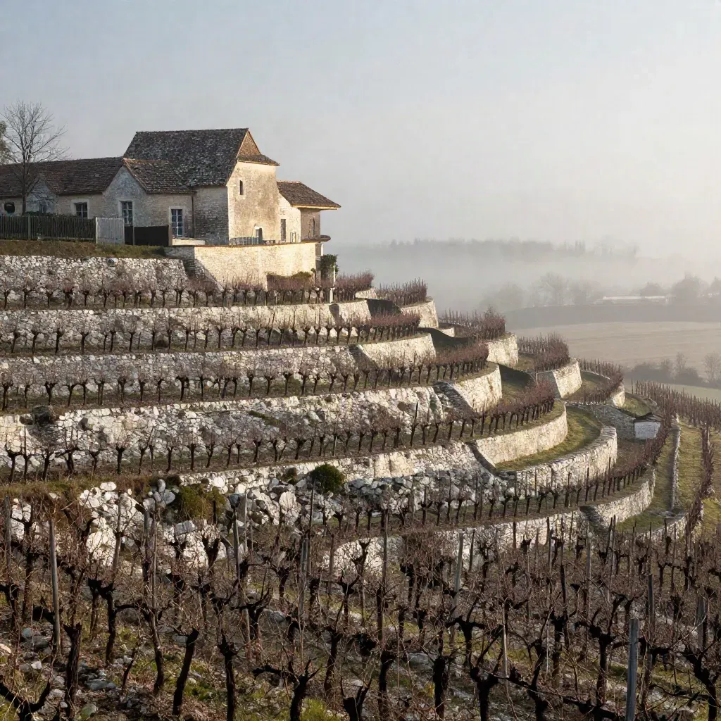 Vignes de Bourgogne, roche claire et toit de monastère dans la brume matinale.