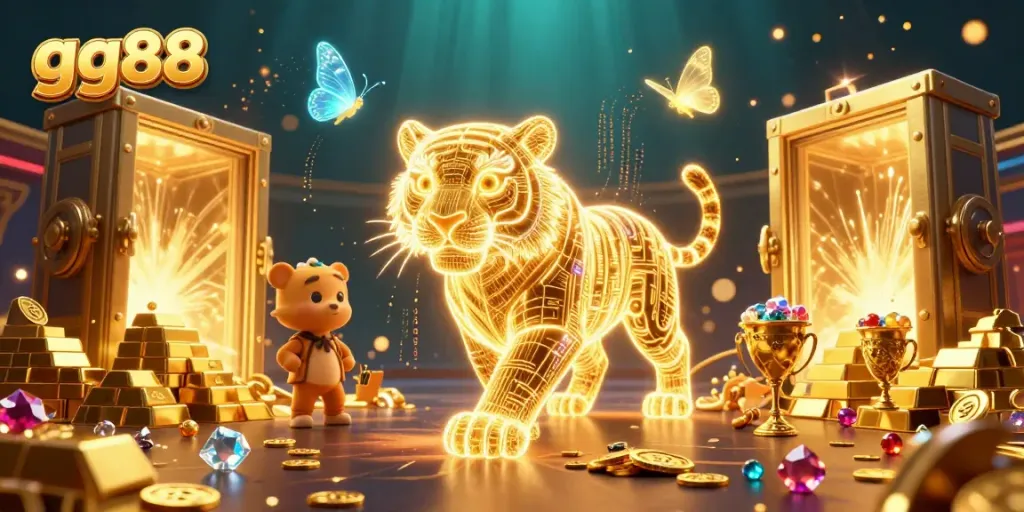 Experience the vibrant energy of gg88 casino with the golden tiger prowling amidst jewels and light in a dynamic digital landscape.