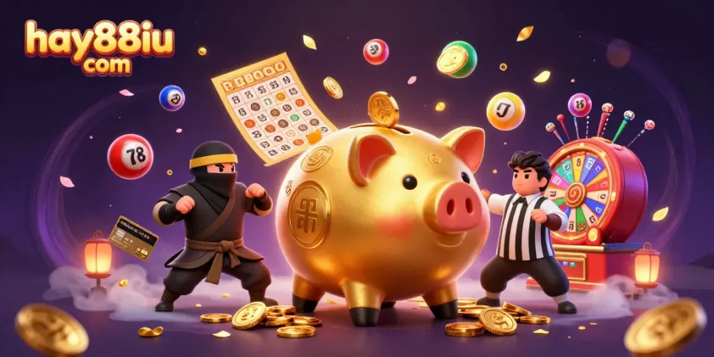 Engage with the vibrant world of hay88iu com, featuring festive characters celebrating in a dynamic casino scene.