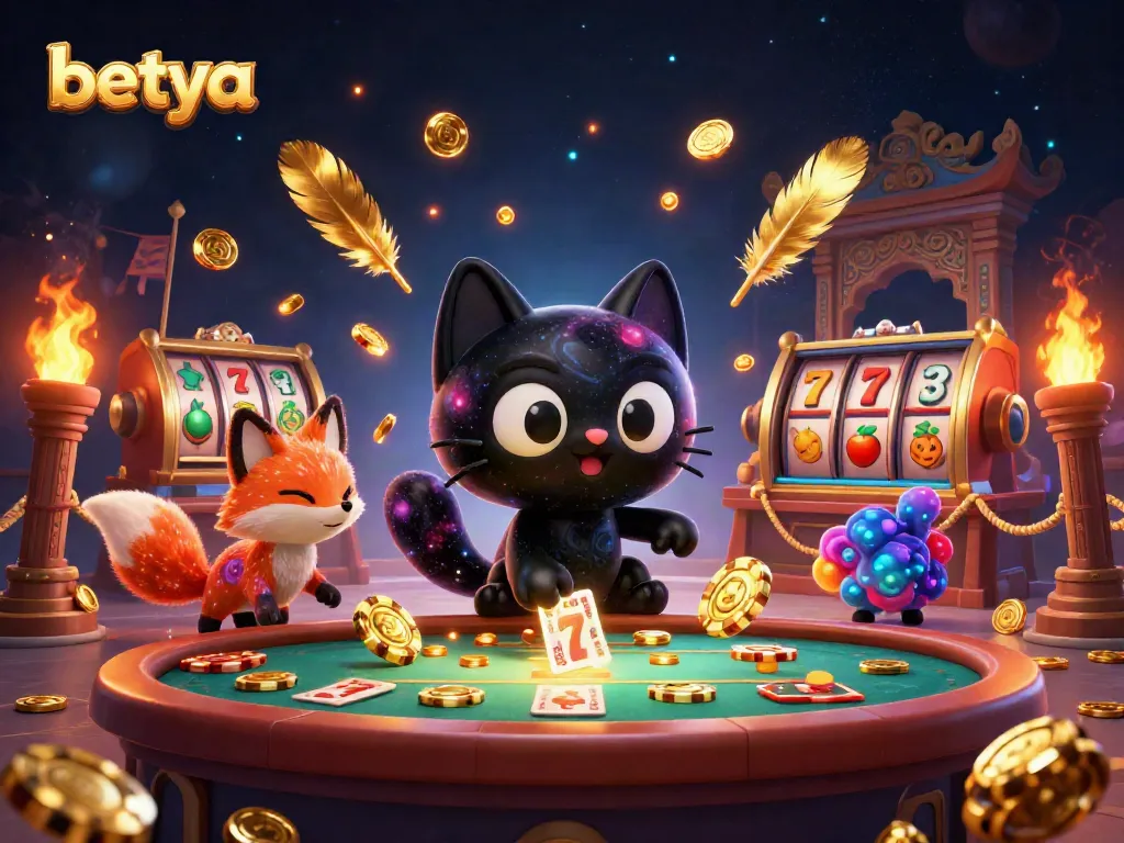 Engage with betya's thrilling casino scene showcasing a cosmic table, vibrant characters, and dynamic game elements.