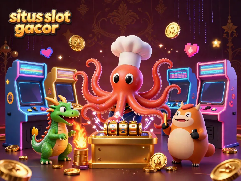 Engage with situs slot gacor in this vibrant, dynamic casino illustration showcasing characters and gaming elements.