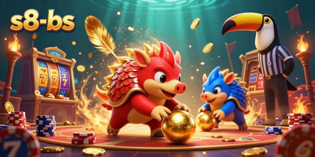 Engaging s8-bs casino scene featuring rival pangolins rolling golden balls and bowling poker chips.