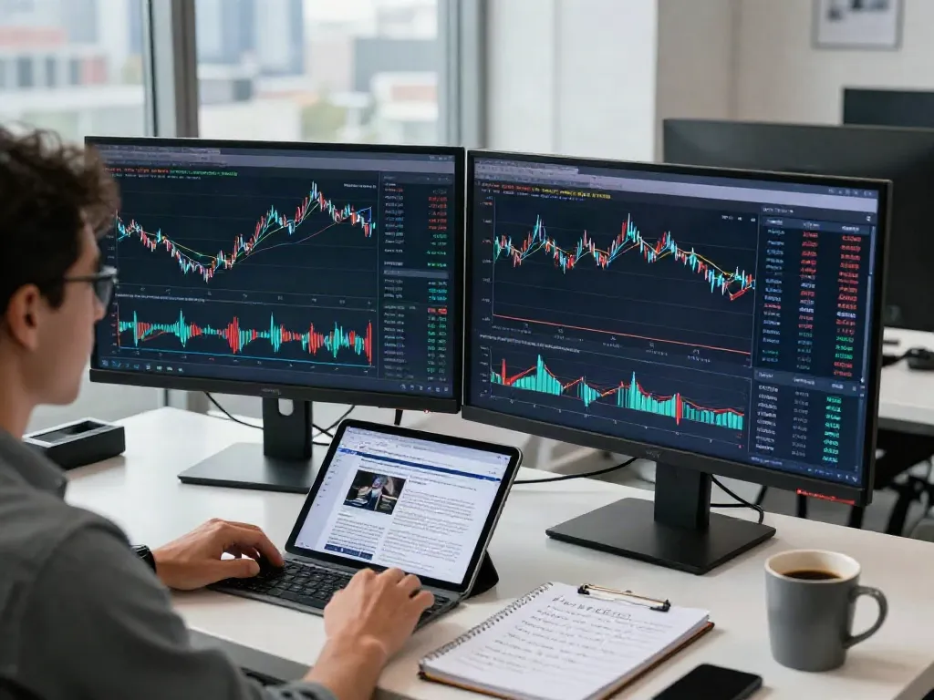 Plateforme de trading sur la-couponeau.com avec un utilisateur analysant les tendances du marché dans un bureau moderne, ambiance dynamique et professionnelle.