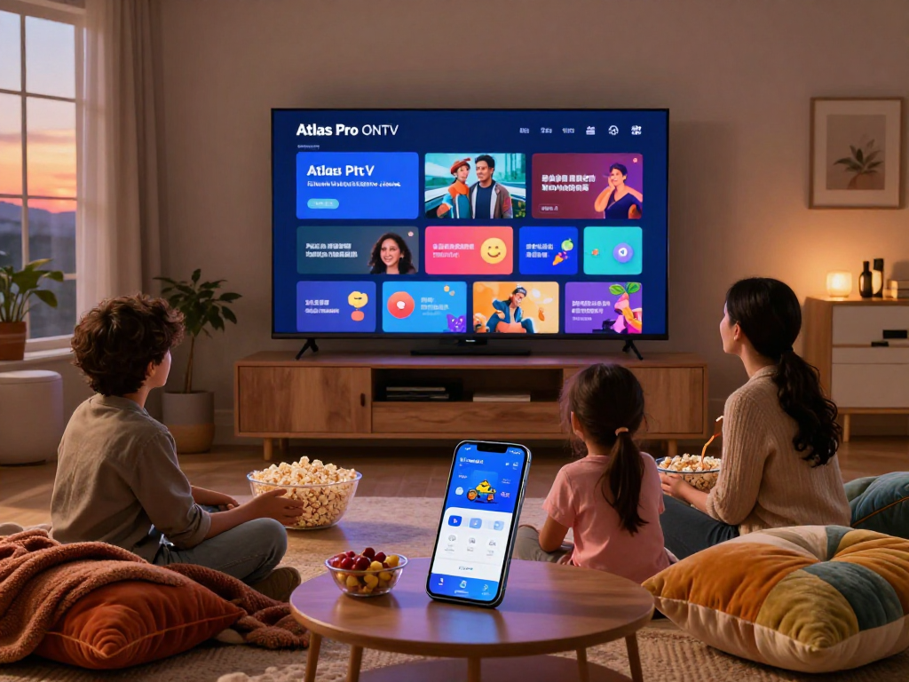 Famille utilisant l'application atlas pro pour un film en soirée confortablement installée dans leur salon.